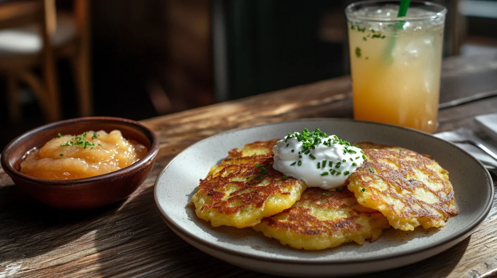 Cheesy potato pancakes served with sour cream and chives, paired with applesauce and lemonade on a rustic wooden table
