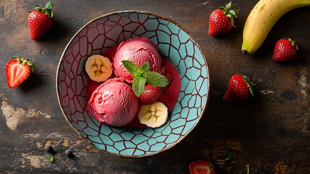 Close-up of a bowl of creamy strawberry banana homemade ice cream garnished with fresh fruit on a rustic wooden table.