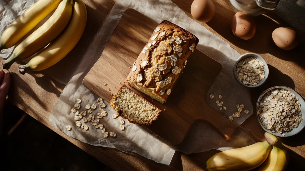 Freshly baked 4-ingredient oat banana bread loaf sliced on a wooden cutting board with oats and bananas nearby