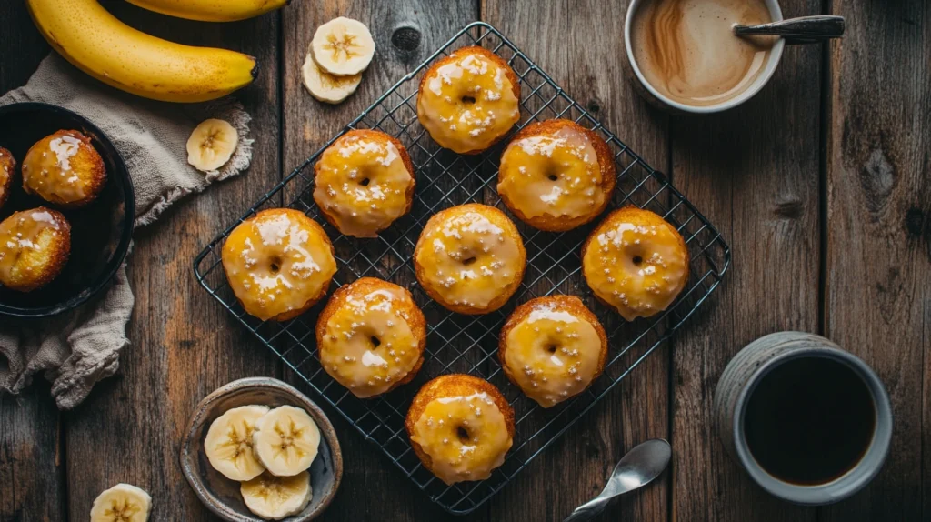 Close-up of freshly glazed banana donuts cooling on a wire rack with sliced bananas and coffee nearby