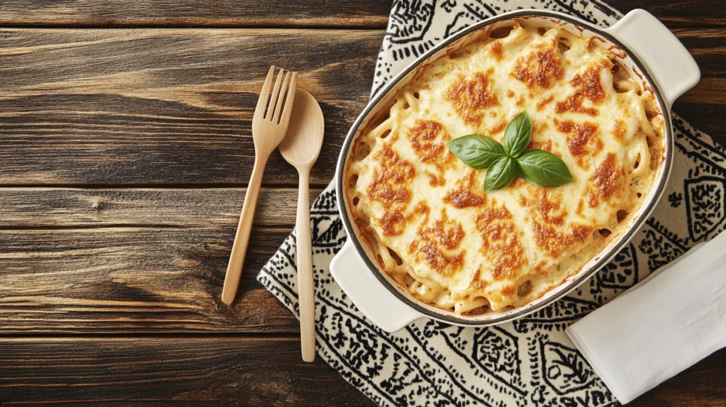 Close-up of baked chicken parmesan pasta in a casserole dish with melted cheese and basil.