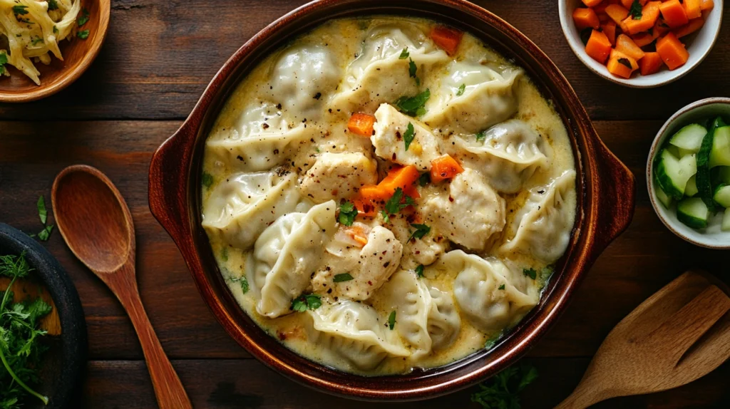 Overhead view of an easy chicken and dumplings bake, golden brown and bubbling in a rustic baking dish.