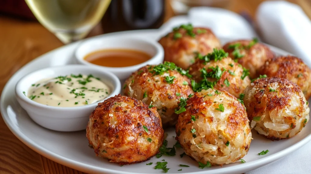 Cooked sauerkraut balls on a white plate served with mustard and ranch dipping sauces, garnished with fresh parsley.