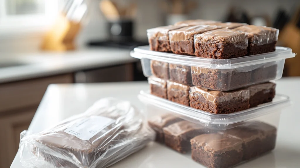 Individually wrapped Peanut Butter Brownie Recipe stacked in a freezer-safe container with a labeled bag for long-term storage.