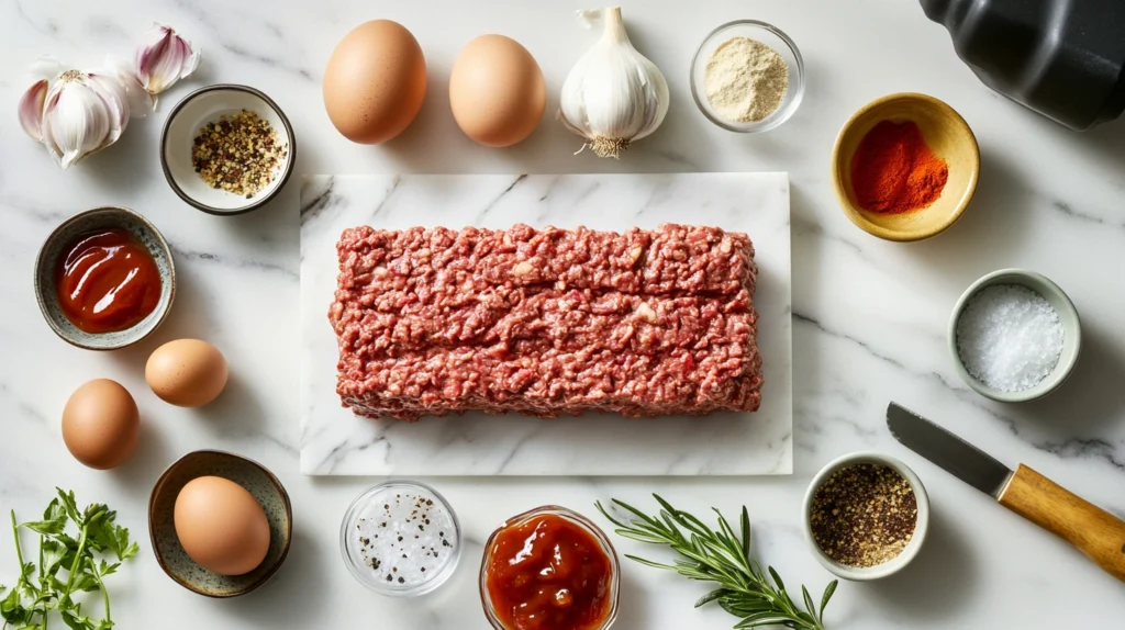 Ingredients for barbecued meatloaf including ground beef, breadcrumbs, eggs, onions, barbecue sauce, and seasonings on a marble counter.