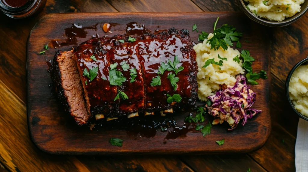 Barbecued meatloaf with a glossy barbecue glaze, sliced on a rustic wooden platter with sides of coleslaw and mashed potatoes.