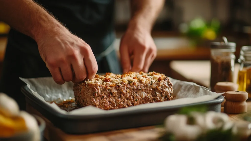 Hands shaping a barbecued meatloaf mixture on a parchment-lined tray, surrounded by breadcrumbs and seasonings.