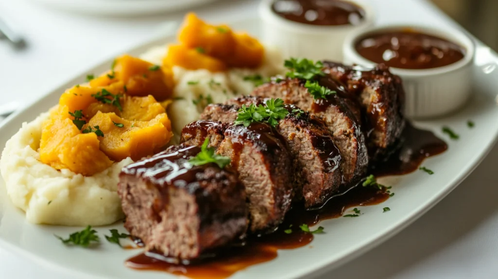 Barbecued meatloaf slices served on a white platter with mashed potatoes, sweet potato puree, and barbecue sauce