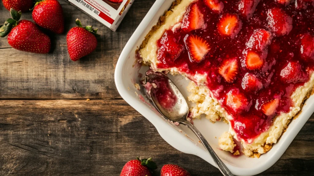 Strawberry cheesecake dump cake with golden crust, vibrant strawberry filling, and cream cheese layers in a white dish