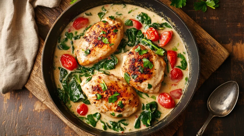 Overhead view of creamy Marry Me Chicken with spinach in a skillet, garnished with parsley, on a rustic wooden table.
