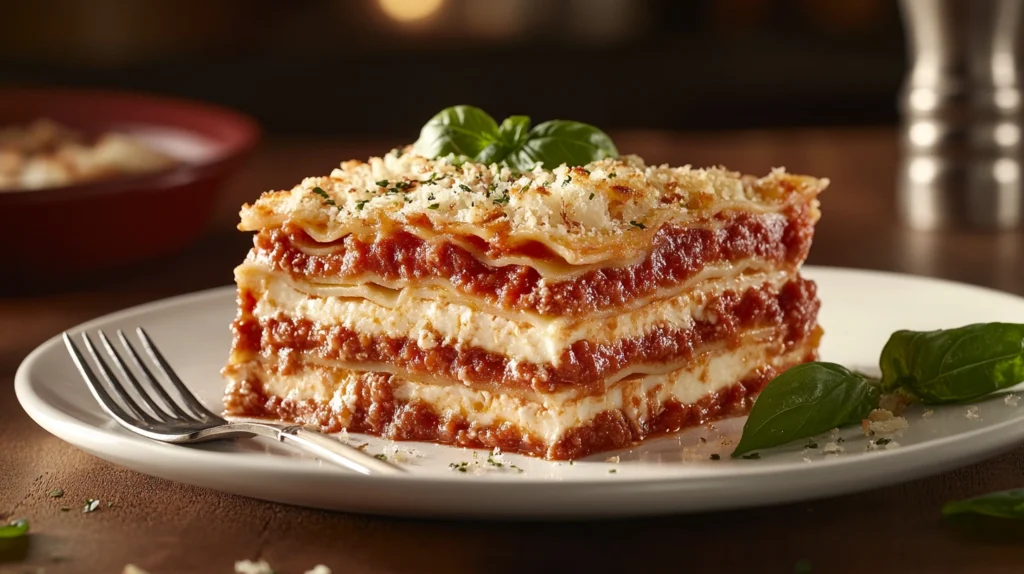 A close-up of a single slice of lasagna recipe on a white plate, showing layered noodles, sauce, and cheese, with fresh basil.