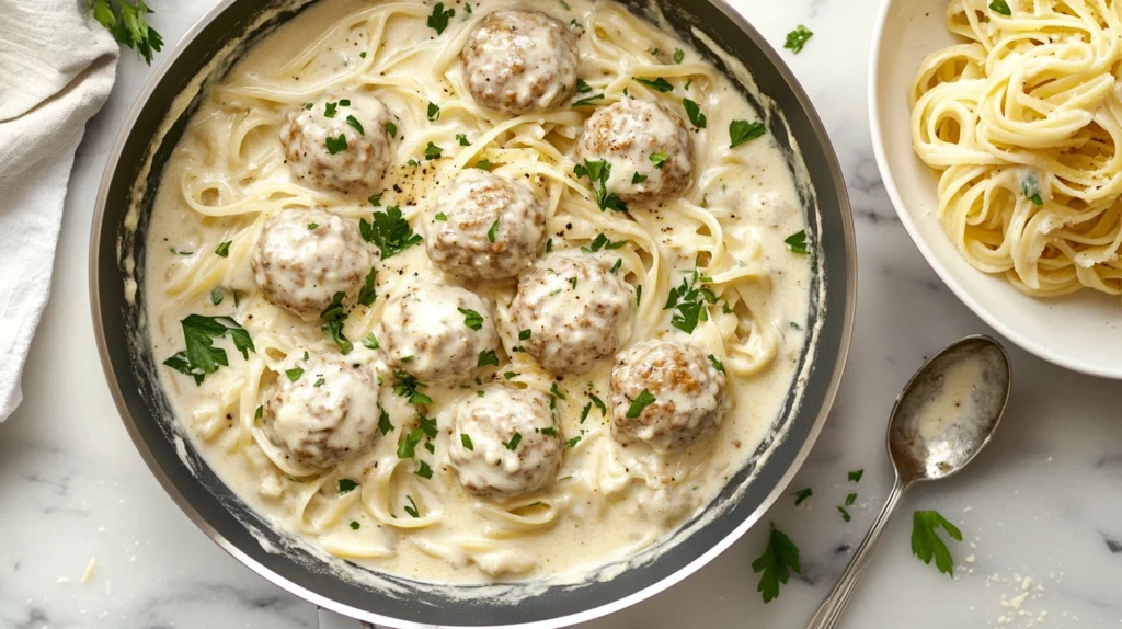 Skillet of Alfredo meatballs simmering in creamy sauce with parsley garnish.