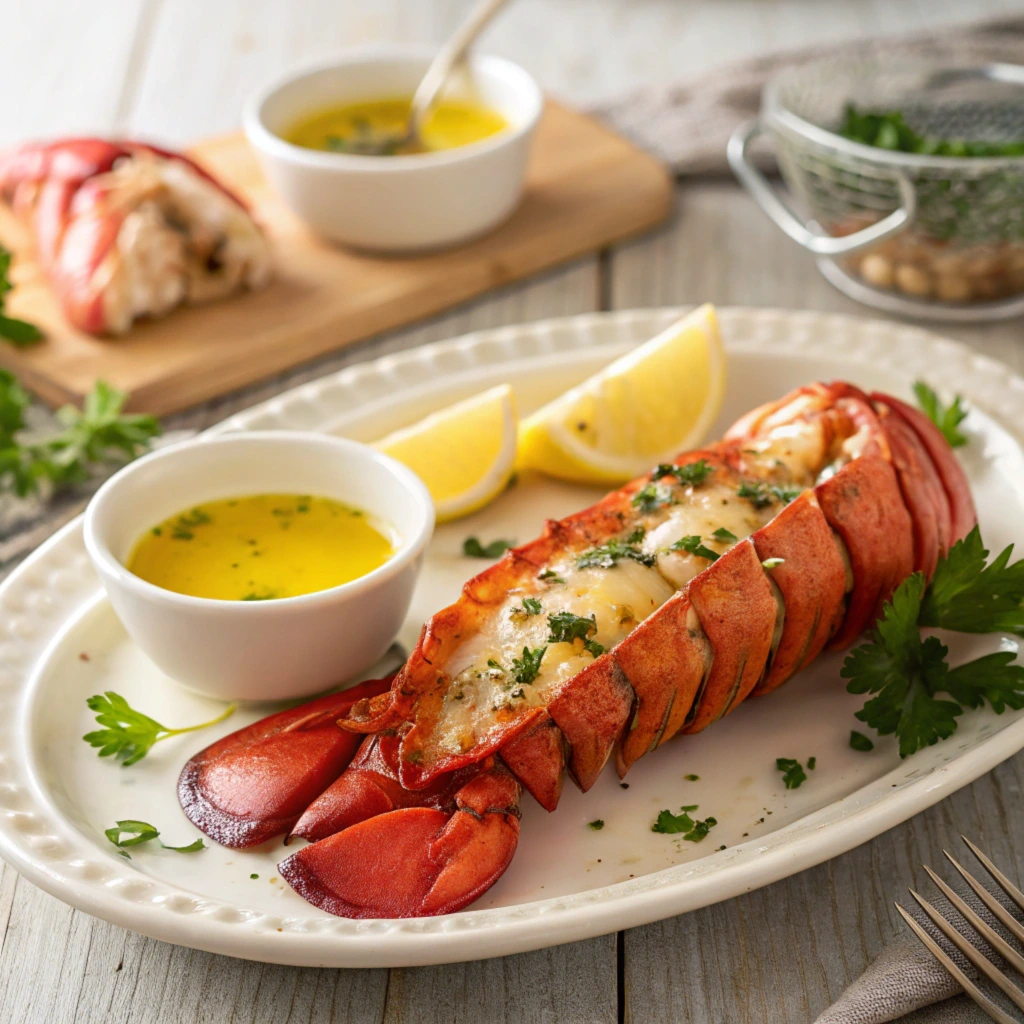 Plated how to cook lobster tail boiled with melted butter and garnished with parsley and lemon wedges.