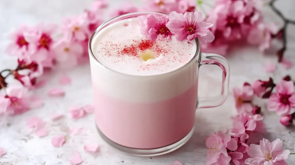 Cherry blossom sakura latte in a pink ceramic mug, topped with whipped cream and sakura powder.