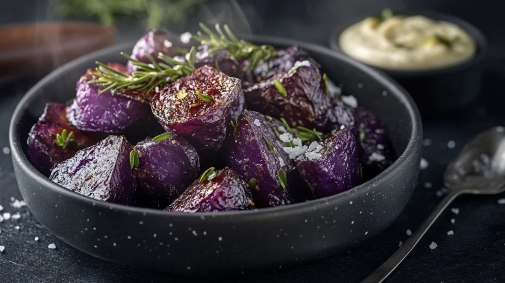 A bowl of crispy roasted purple potatoes with golden crusts, garnished with rosemary and sea salt.