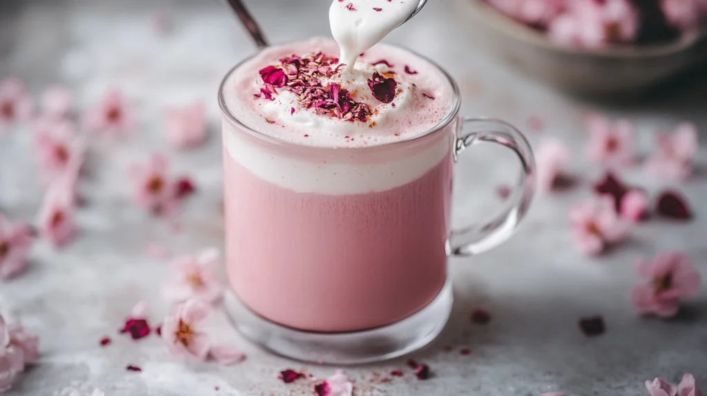 A cherry blossom sakura latte being topped with whipped cream and sakura powder, ready to serve.