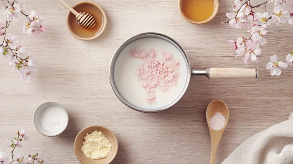 Warm milk in a saucepan with sakura powder being whisked in, preparing for a cherry blossom latte.
