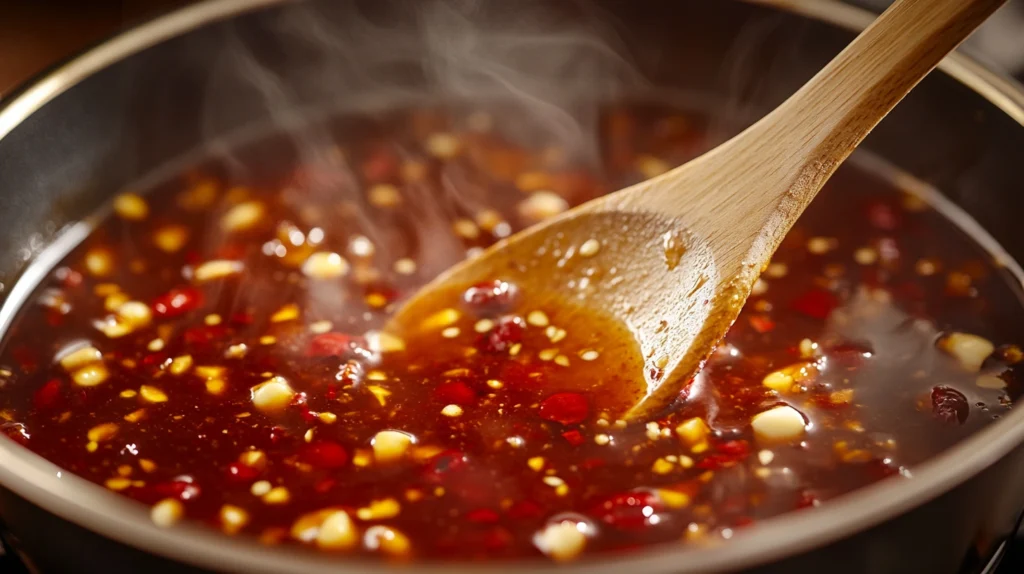 A saucepan of thick, glossy sweet chili sauce simmering with garlic and red chili flakes
