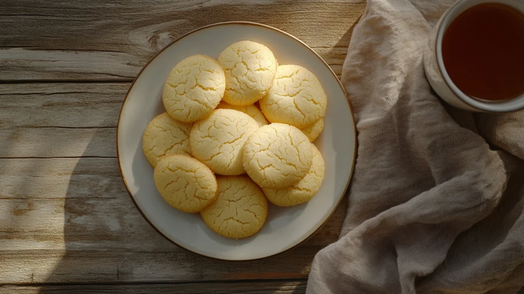 Freshly baked gluten-free sugar cookies on a plate with tea