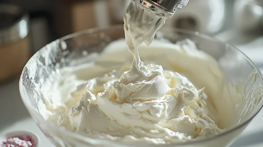 Freshly whipped cream in a bowl, forming a light and fluffy topping for a cherry blossom sakura latte.