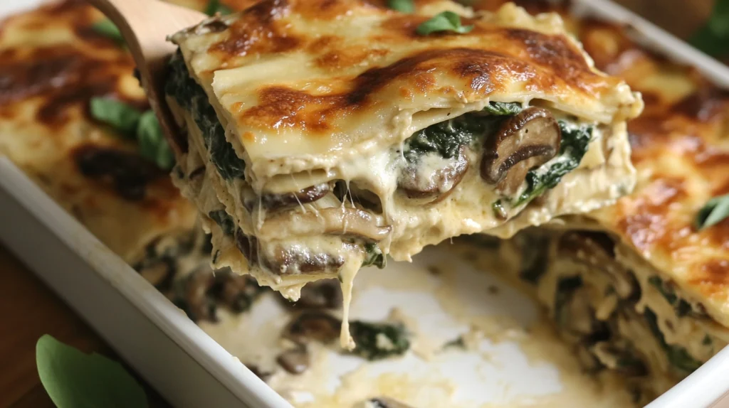 Golden-baked mushroom and spinach lasagne with creamy layers, cheese topping, and fresh basil garnish.