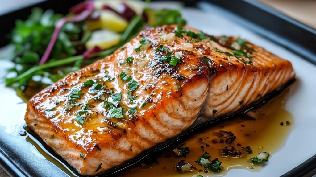 Crispy garlic salmon fillet in a skillet with fresh parsley and lemon wedges