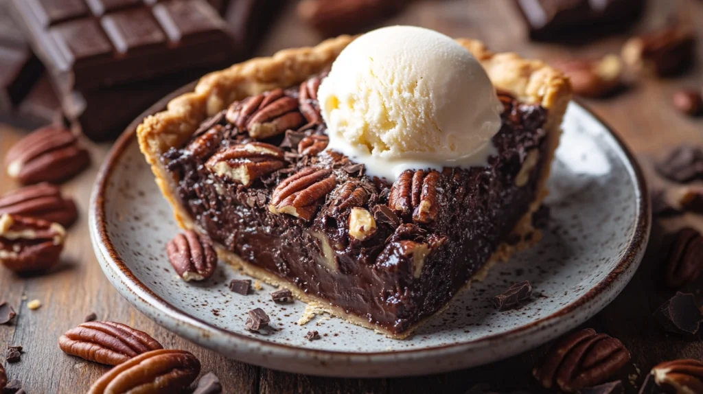 A slice of Texas Chocolate Pecan Pie with gooey chocolate filling, topped with pecans and served with vanilla ice cream.