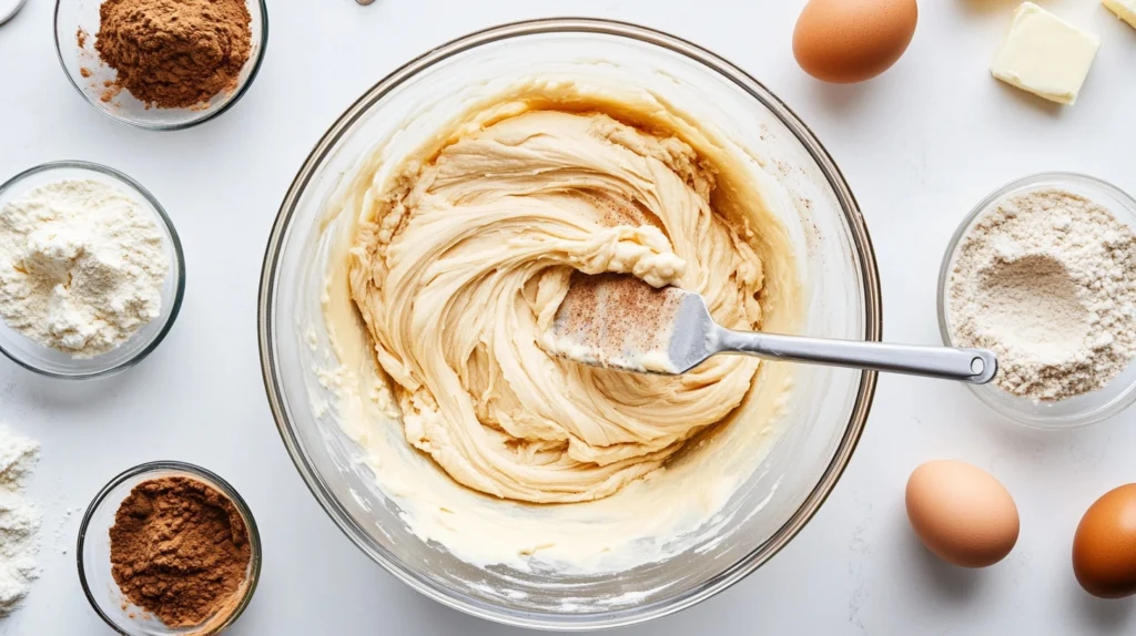 A mixing bowl of sugar cookie dough being swirled with cinnamon sugar filling.