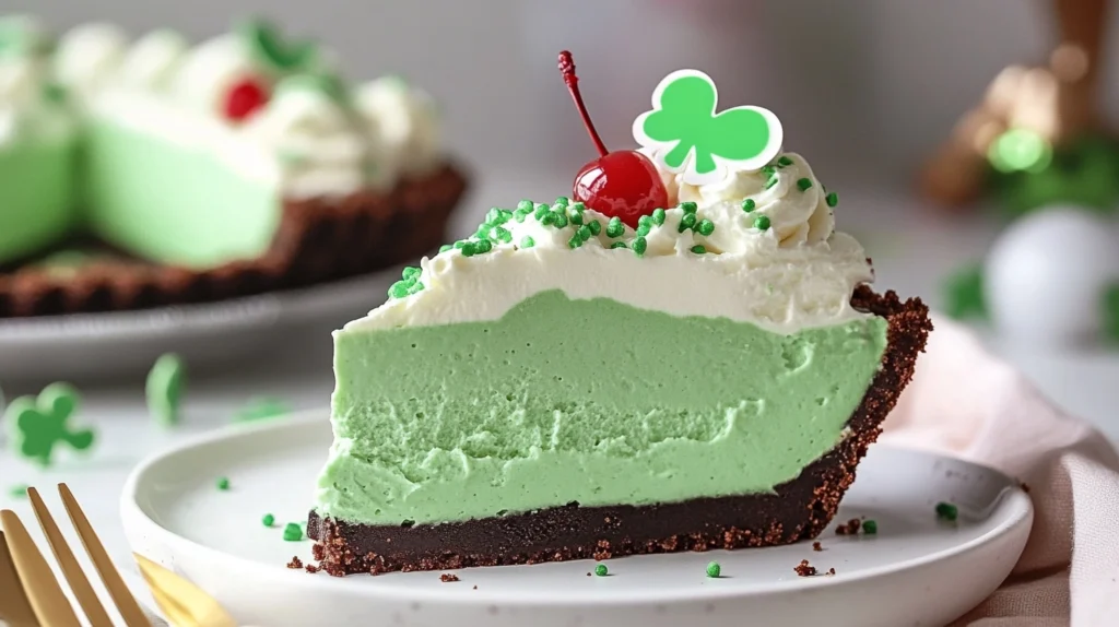 A creamy Shamrock Shake Pie slice with whipped cream, green sprinkles, and a cherry on a chocolate crust.