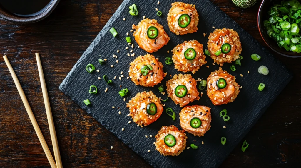 Assembled salmon crispy rice bites with toppings
