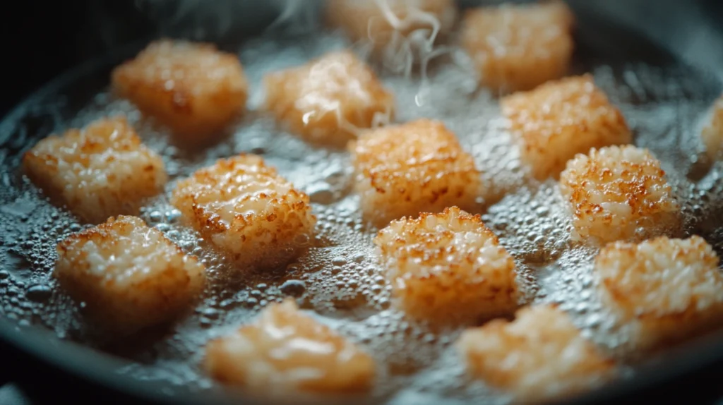 Crispy rice squares frying in oil until golden