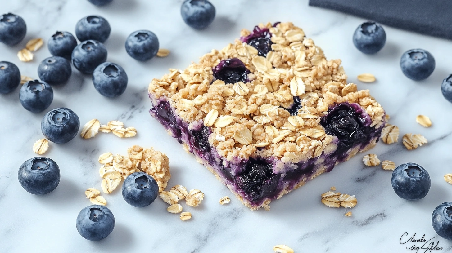 Freshly baked blueberry oatmeal crumble bar with juicy berries