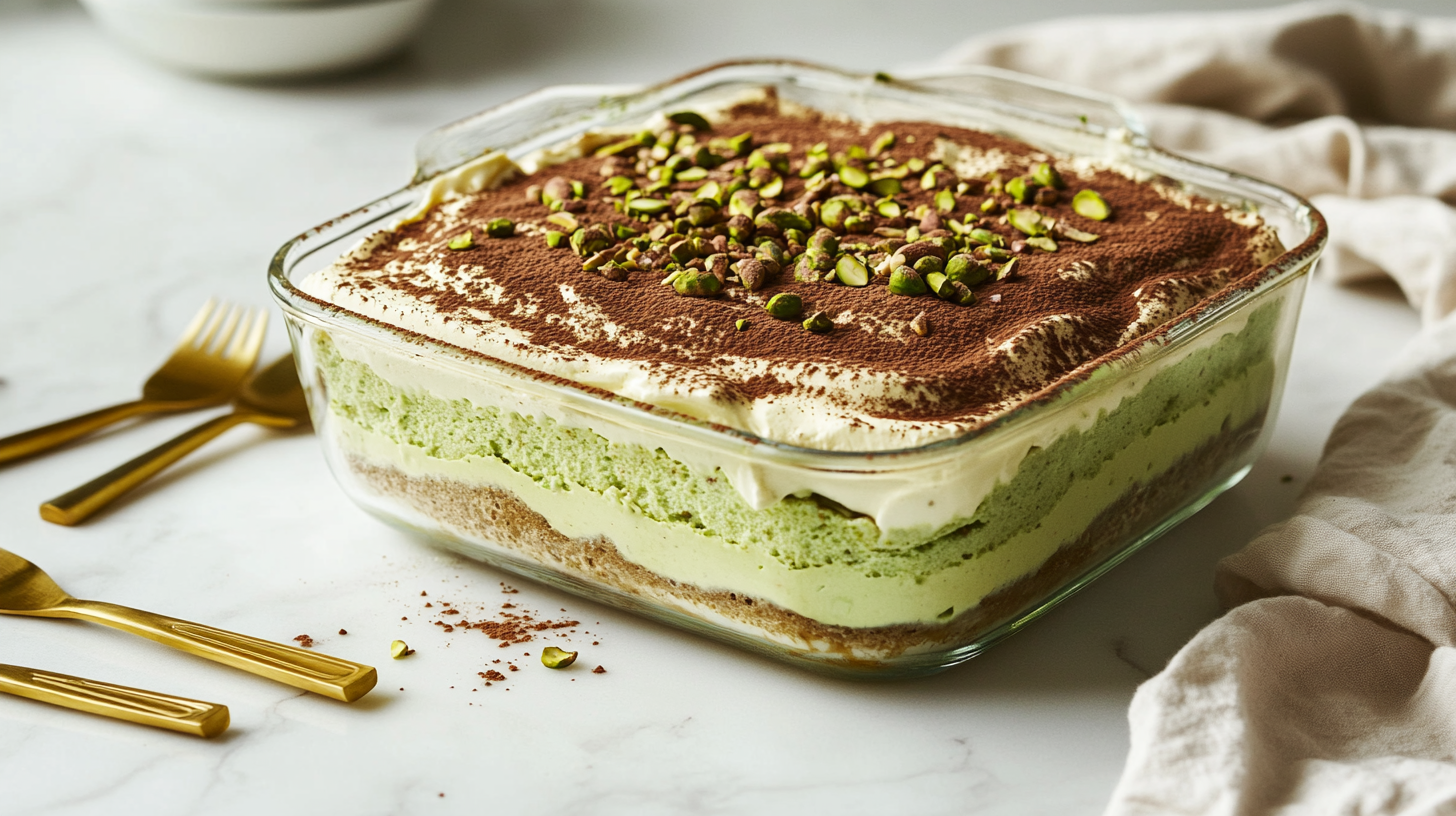 Close-up view of a pistachio tiramisu with crushed pistachios and cocoa on top