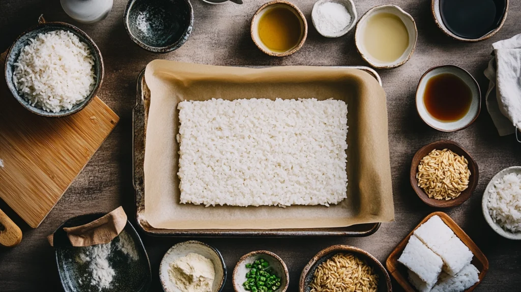 Sushi rice pressed in tray before cutting for crispy rice