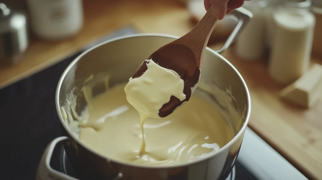 Melting white chocolate and condensed milk in a saucepan