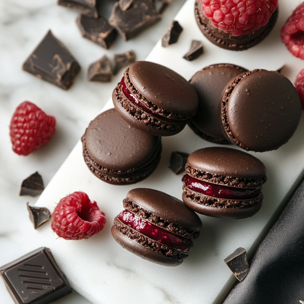 Dark Chocolate Raspberry Macarons