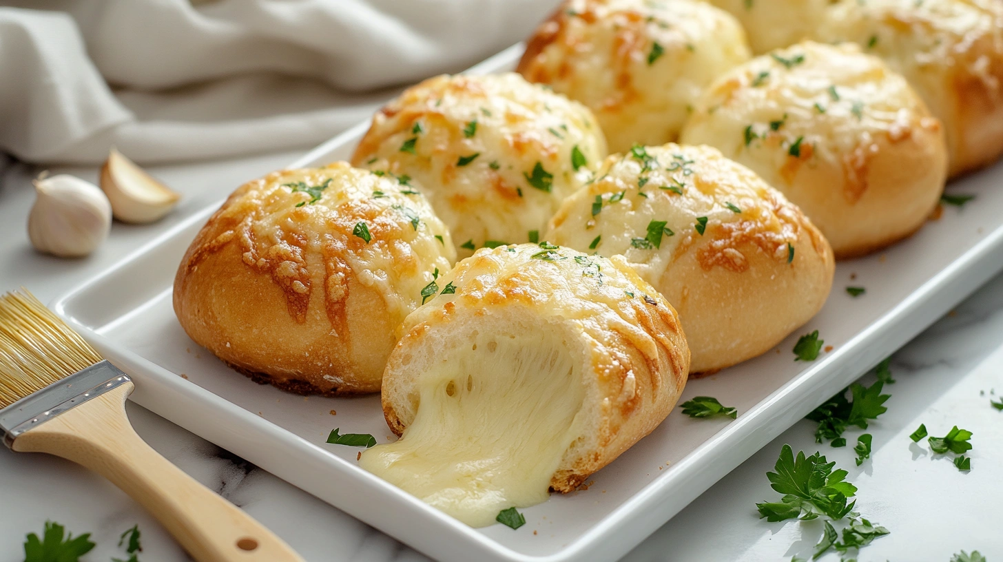 Overhead shot of golden garlic cheese bombs brushed with butter and sprinkled with herbs