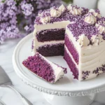 Close-up of a moist purple velvet cake slice with creamy frosting