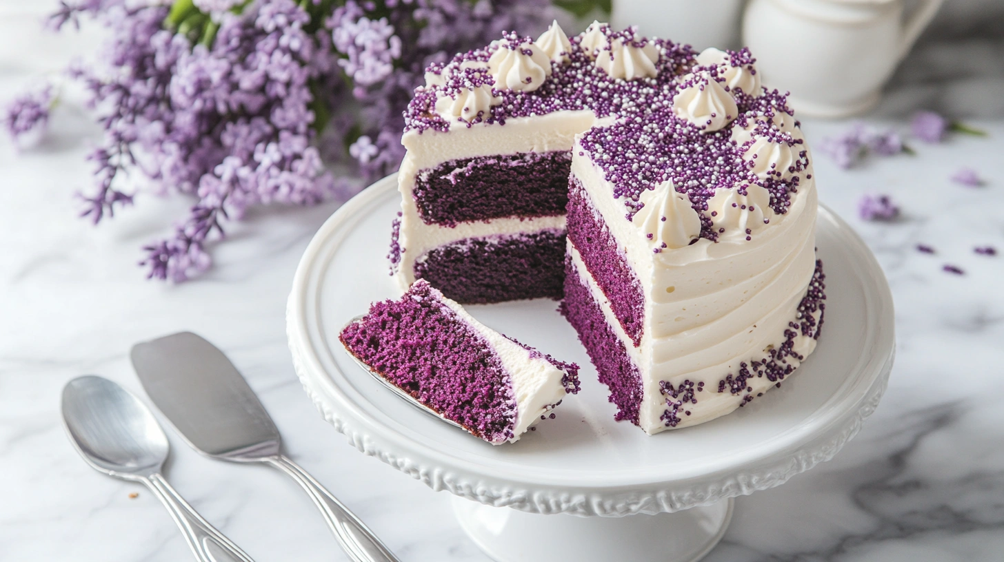 Close-up of a moist purple velvet cake slice with creamy frosting