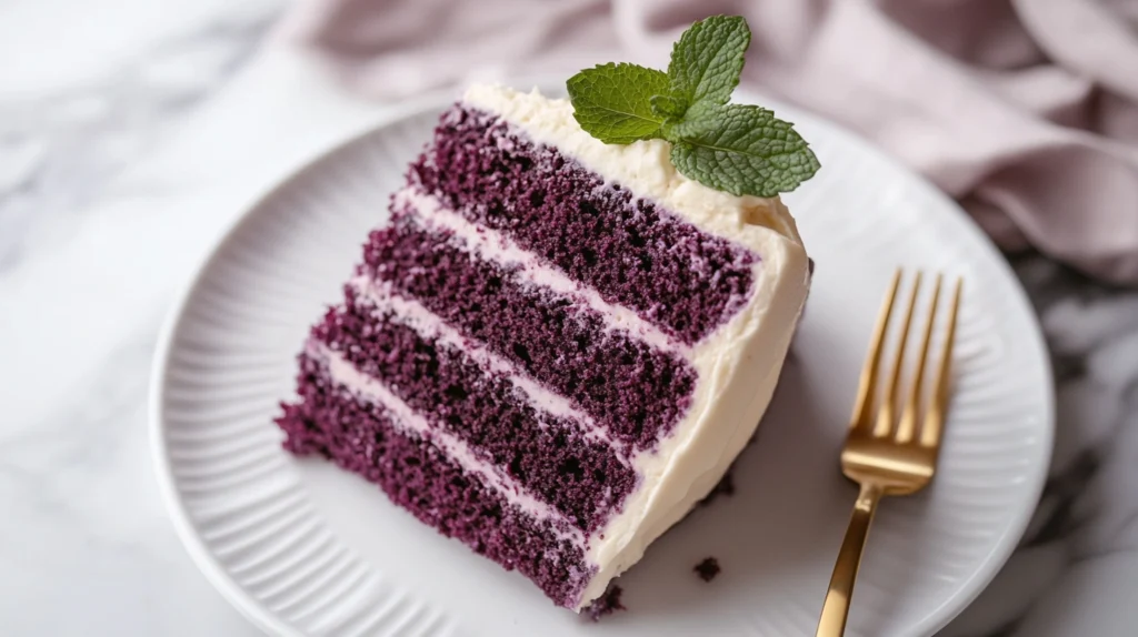 Moist Slice of Purple Velvet Cake with Vanilla Frosting