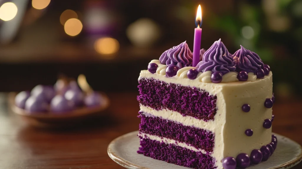 Royal purple velvet cake with piped vanilla frosting and birthday candle