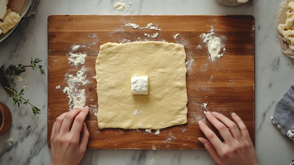Biscuit dough being filled with mozzarella cheese before sealing